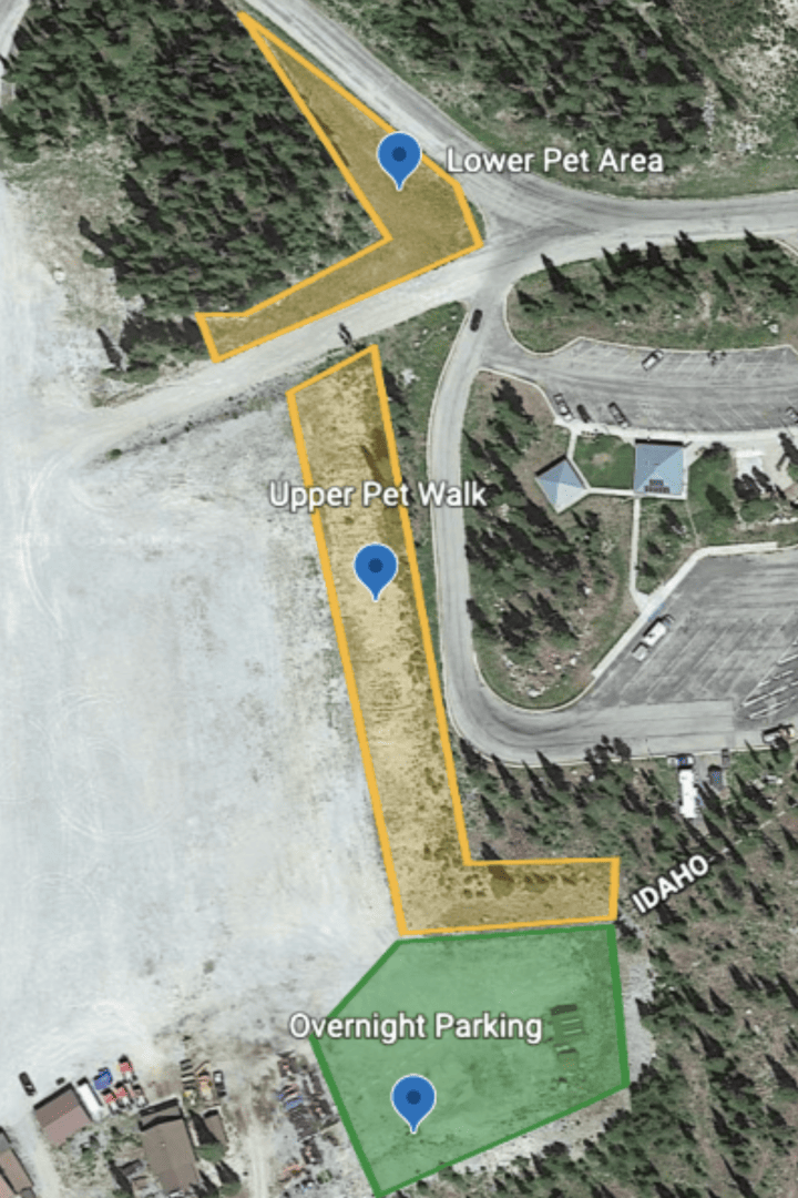 A map showing the location of a parking lot near Lost Trail, ideal for snowboarders and skiers.