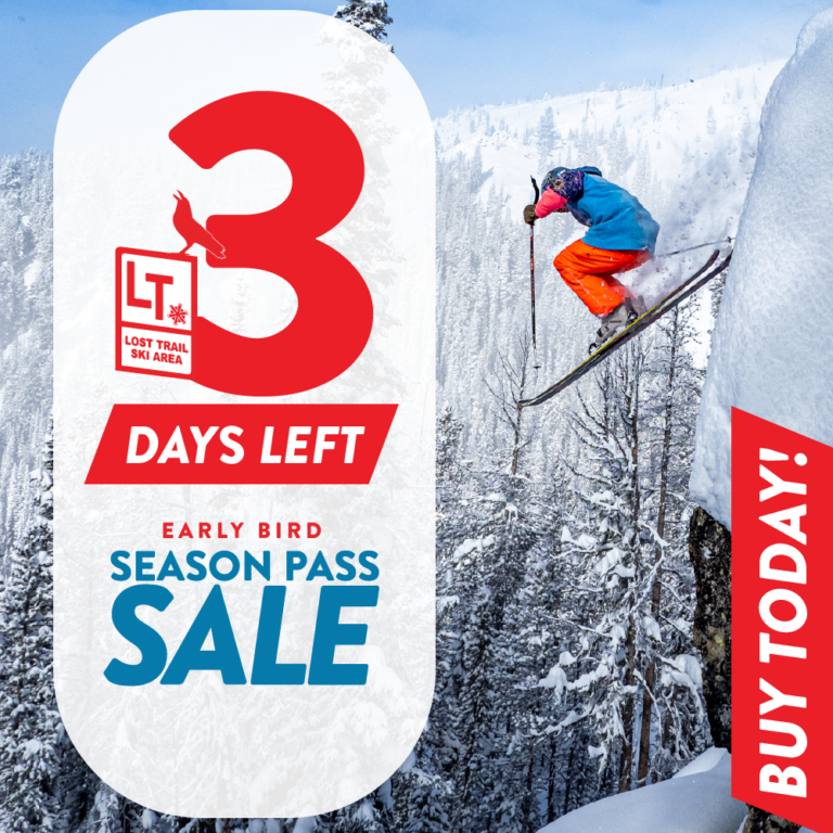 Skiier mid-jump in snowy forest with text: "3 Days Left. Early Bird Season Pass Sale. Buy Today!.