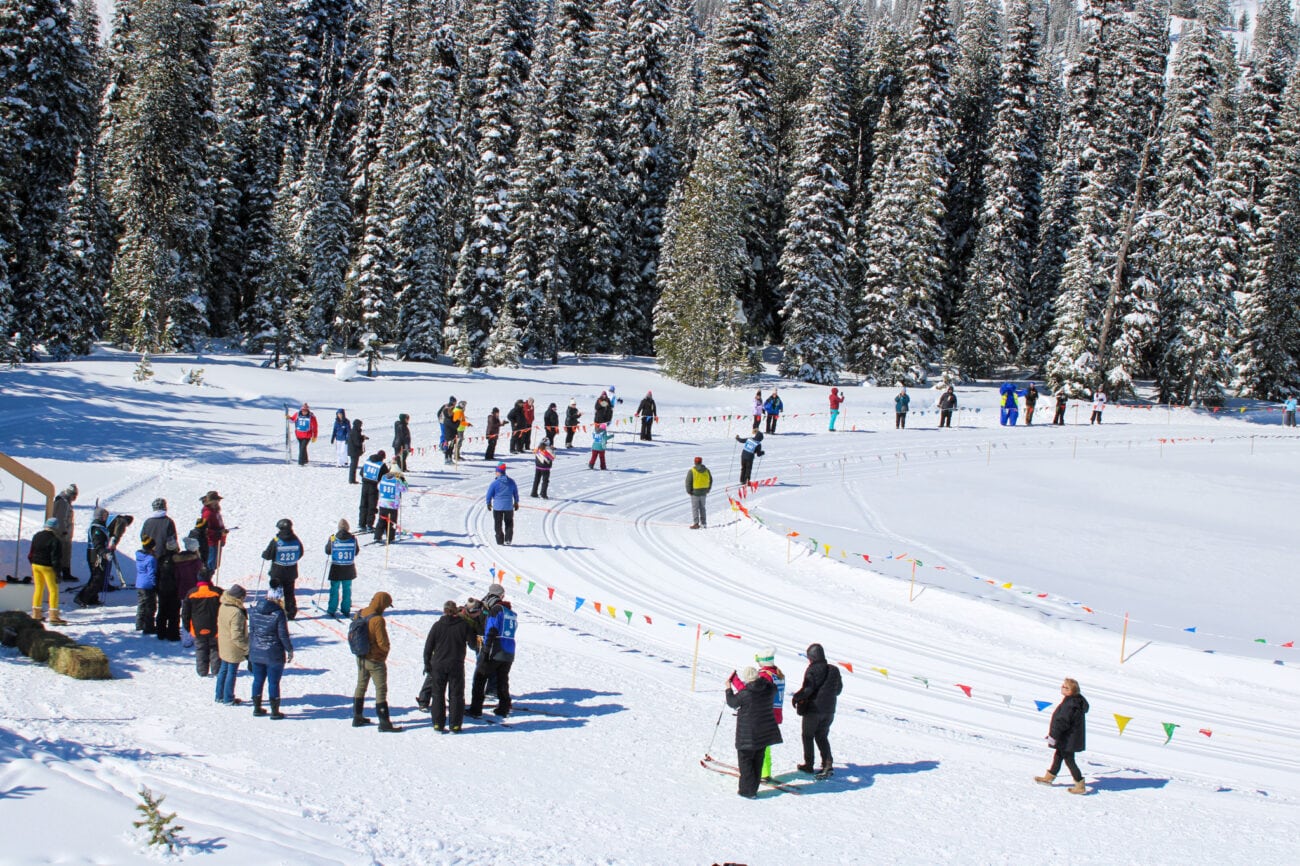 A group of people on skis participate in the Winter Special Olympics.