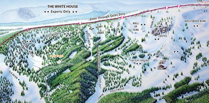Lost Trail Ski Area's map showcasing the ski resort nestled amidst picturesque mountains.