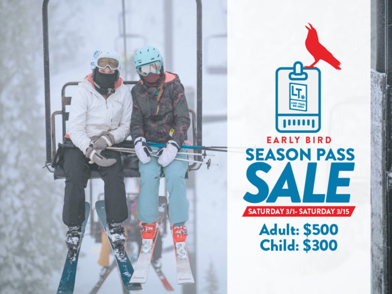 Two people cozy up on a ski lift amidst swirling snowflakes. Catch the early bird season pass sale from 3/1 to 3/15—grab yours and enjoy thrilling slopes all winter long! Prices: Adult $500, Child $300.