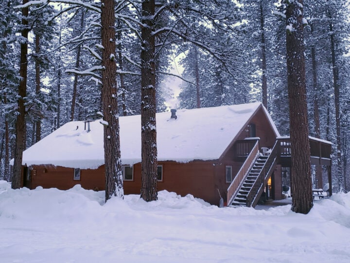 A snow-covered cabin.