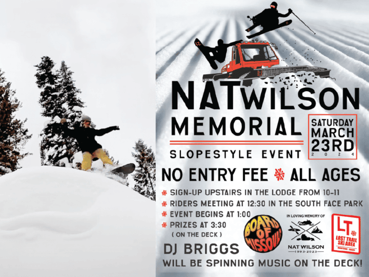 A promotional poster for the Nat Wilson Memorial Slopestyle Event with date and event details, featuring an image of a snowboarder in action and a red snow grooming machine in the background.