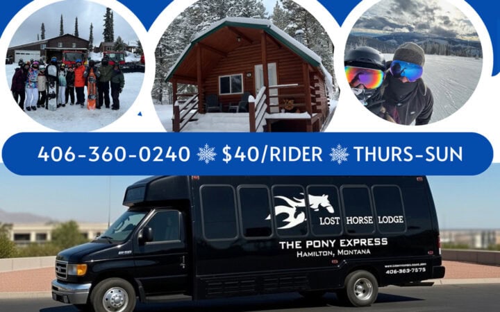 Collage featuring a group in winter gear, a snow-covered cabin, two people in ski goggles, and a black shuttle bus labeled "Lost Horse Lodge The Pony Express," evoking the spirit of American history and legendary mail delivery. Info includes contact, price, days.
