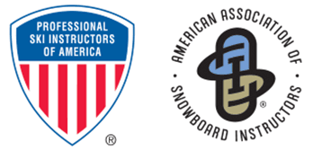 Logos of the Professional Ski Instructors of America (left, shield shape) and the American Association of Snowboard Instructors (right, circular design with linked shapes).