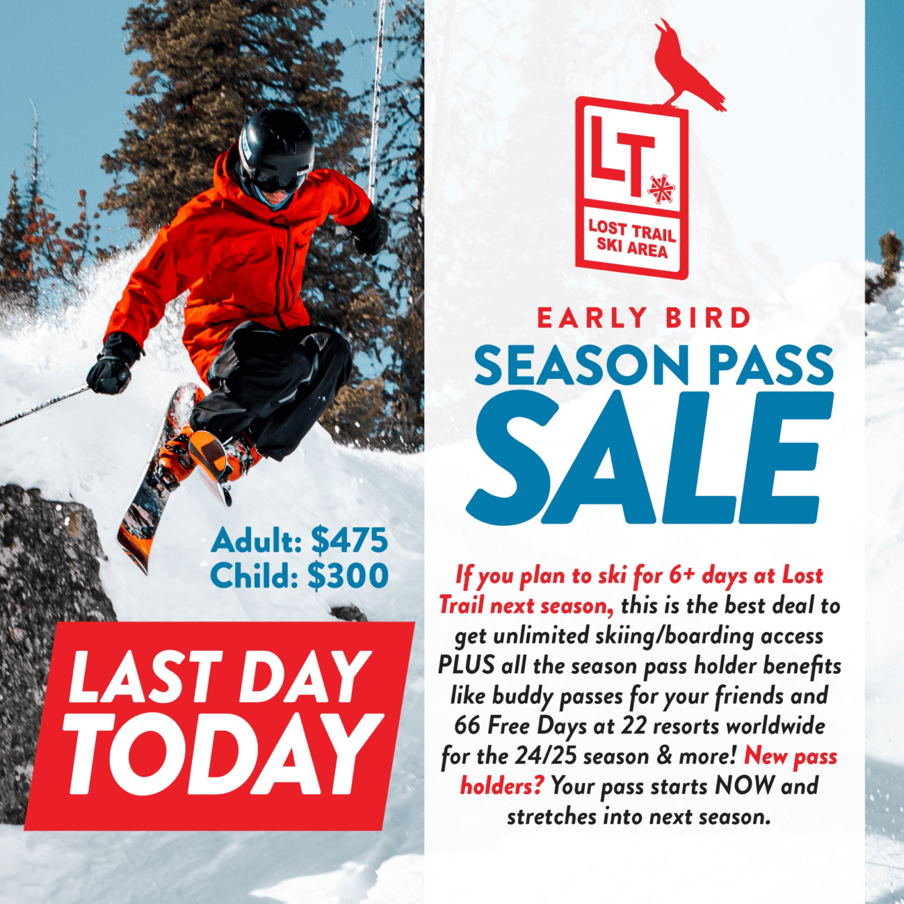Promotional ski resort flyer advertising an early bird season pass sale with an image of a skier in action, capturing the excitement of early bird deals.