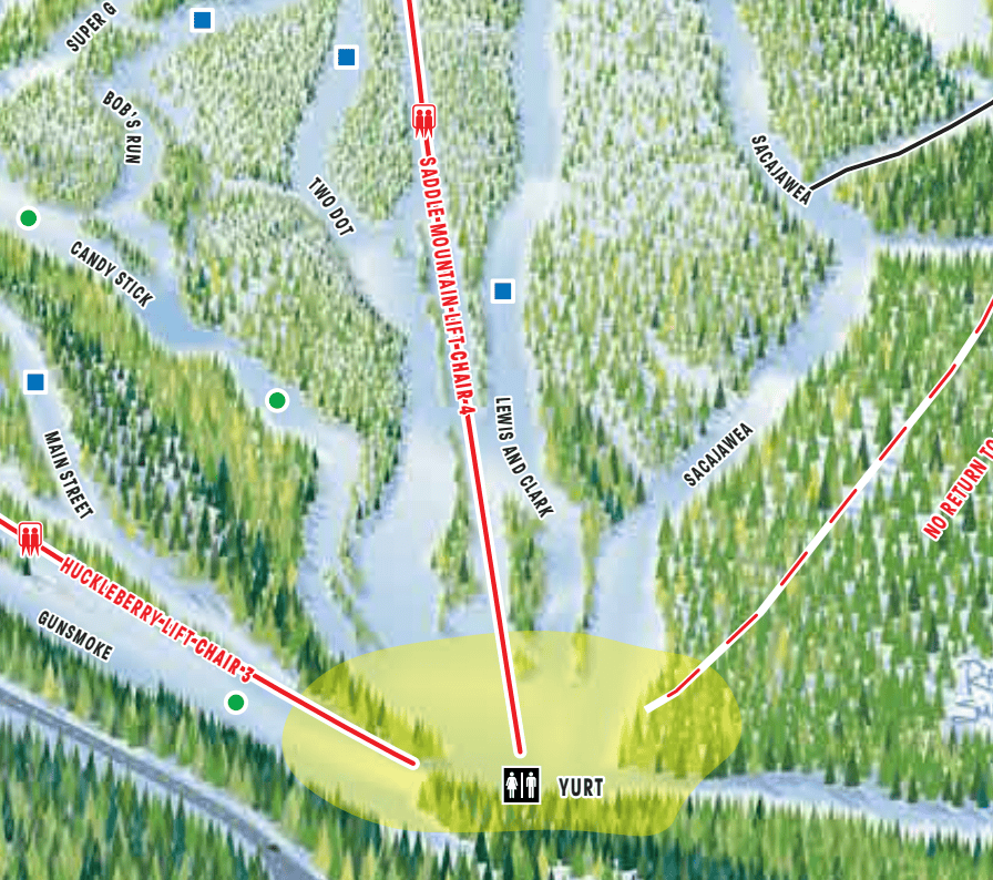 Discover the ski trail map segment featuring the Yurt location and surrounding trails like Saddle Mountain High Camp, Ling and Loring, and Sacajawea. Designed with precision, this map serves as your Elementor for exploring these captivating routes.